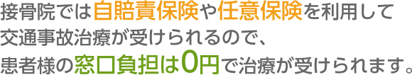 接骨院では自賠責保険や任意保険を利用して交通事故治療が受けられるので、患者様の窓口負担はゼロ円で治療が受けられます。