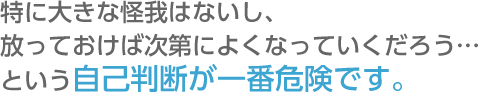 特に大きな怪我はないし、放っておけば次第によくなっていくだろう…という自己判断が一番危険です。    